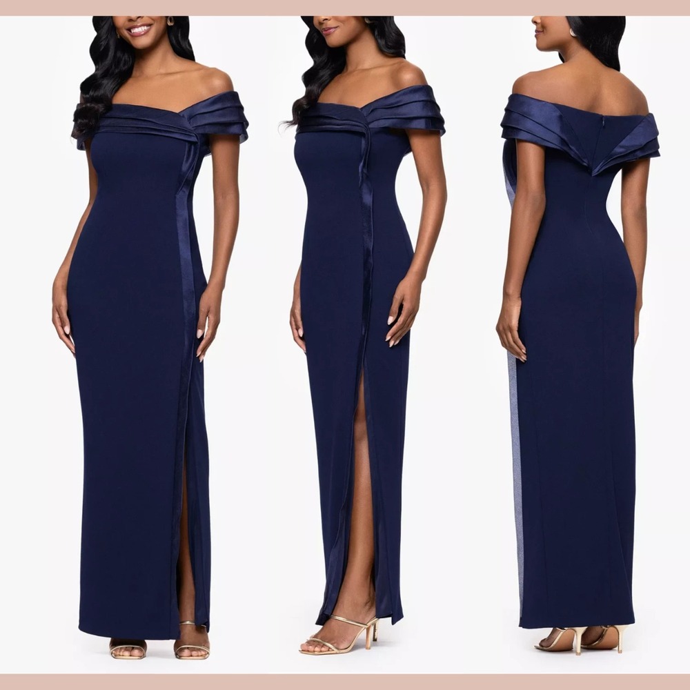NWT‎ $269 Betsy & Adam [ 6 ] Organza Off The Shoulder Gown in Navy Blue #Q1270